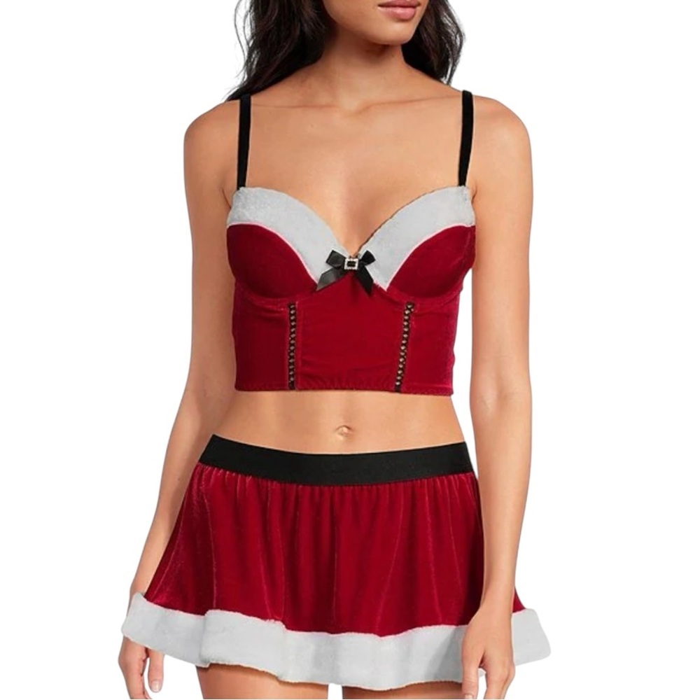 Padded Cup Velvet and Sherpa Santa Baby Bustier Skirt and Thong Set XL